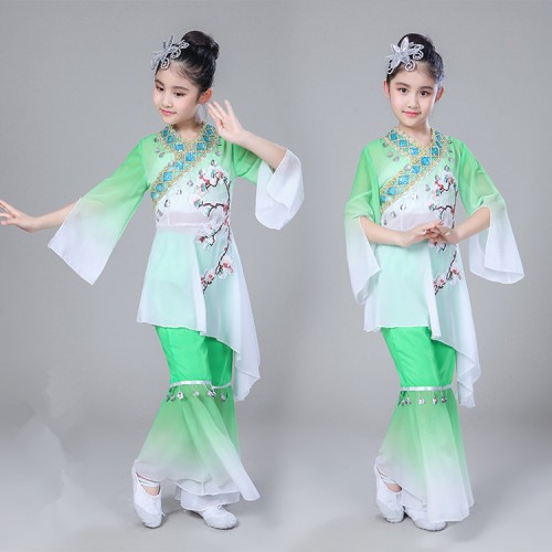 Kids chinese folk dance costumes for girls children pink green blue gradient fairy yangko ancient traditional dance stage performance drama cosplay clothes